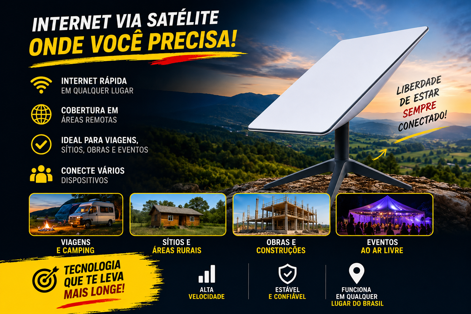 Internet via satélite Starlink onde você precisar — viagens, sítios, obras e eventos